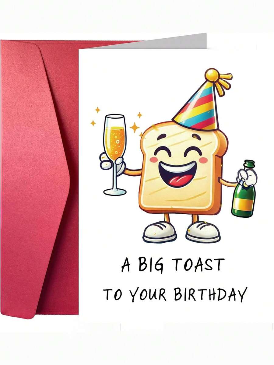 1張趣味生日卡，可愛卡通吐司雙關生日卡，雙關「Toast」葡萄酒慶祝設計，戴派對帽的可愛麵包角色，適合送給朋友、家人與美食愛好者的生日禮物，加厚加大信封與卡片 - 多色 - 查看 1
