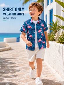 Young Boy Casual Tropical Palm Leaves & Flamingo Print Short Sleeve Shirt, Perfect For Vacation, Party, Outing, Etc. - Multicolor - View 3