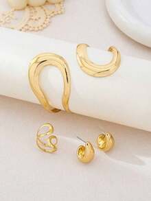 Juego de Joyas Geométrico Hueco de 4 piezas/Set - Anillo, Pulsera y Pendientes con Diseño Geométrico, Estilo Minimalista Chapado en Oro para Mujer, Adecuado para Uso Diario y Fiestas, Excelente Opción de Regalo - Estilo 1 - Ver 3