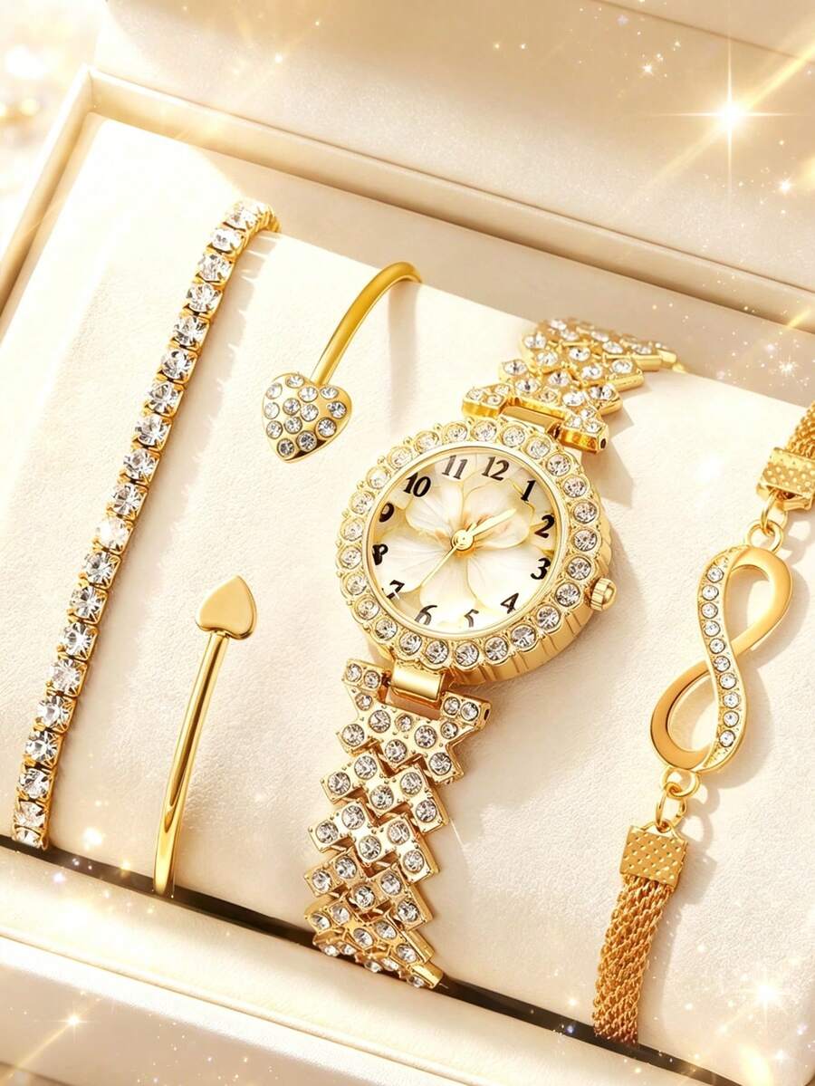 4件/1件女款金色奢華飾品套組,水鑽花卉錶盤石英手錶搭配3款配套手鍊,復古優雅,適合生日、情人節或畢業禮物送給女友、好友,日常佩戴展現高貴溫婉優雅 - 金色 - 查看 1