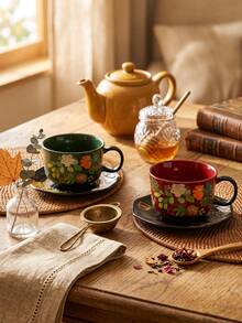 DearDali 2 Stücke (1 Tasse + 1 Untertasse) Hochtemperatur-Keramik Retro Glanz Bunte Glasur Kaffee Tasse und Untertasse Set, breiter Griff Tasse mit Untertasse, Vintage Blumen handgemalt botanischer Muster, Tischgeschirr Frühstückstasse, Schreibtisch Dekoration, künstlerische Atmosphäre Geschenk, geeignet für Einweihungsparty, Geburtstagsgeschenk, Kaffee- und Teeliebhaber, Nachmittagstee-Treffen zu Hause - Verschiedenfarbig - Übersicht 8