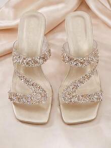 High Heel Mule Sandals [S-Wave Rhinestone Banquet Shoes] Clear PVC Straps Crystal Block Heel Summer Dressy Casual - Champagne - View 2