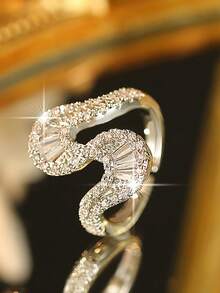 1 pieza Anillo abierto con diseño de cinta en forma de S único, chapado en plata con pavé completo de circonita cúbica brillante, joyería para mujer para uso nupcial, boda, uso diario, fiesta y regalo - Blanco - Ver 7