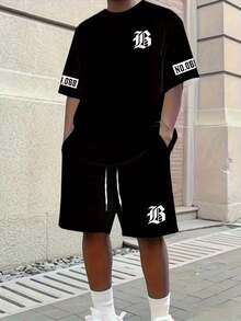 Men's White T-Shirt And Athletic Shorts Set, Featuring A Prominent Letter Print Design And B Pattern - Black - View 10