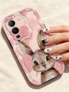 Funda de teléfono con textura suave de TPU con volantes ondulados de dopamina crema, diseño creativo personalizado con patrón de conejo, compatible con Galaxy S21 S22 S23 S24 S25 S26//Honor// y otros modelos - Blanco - Ver 6
