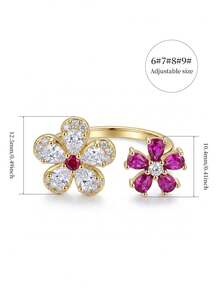 1pc Sweet Luxury Sparkling Cubic Zirconia Red & White Dual Flower Open Ring, Adjustable Finger Ring For Women, Suitable For Daily Wear, Commute, Party, Date, Vacation, Holiday Gift Jewelry - Gold - View 6