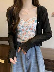1件法式修身短版女款夏季鏤空蕾絲披肩罩衫，適用於洋裝與細肩帶背心 - 彩色 - 查看 5