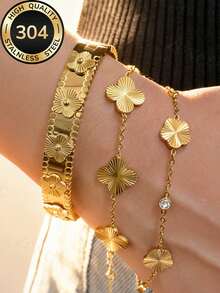 304 Stainless Steel Fashionable Stackable Summer Women's Jewelry Set, Gold Floral Clover Bracelet, Laser Embossed Flower Bracelet, Light-Shadow Embossed Clover CZ Pendant Bracelet, Daily Wear & Party Outfit, Waterproof & Non-Fading, Christmas Gift - Gold - View 3