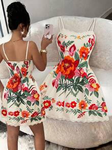 Vestido de mujer blanco con estampado de bordado floral, sin mangas, con tirantes finos, estilo boho para verano, vacaciones y fiestas, con ribete de encaje y cintura ceñida, elegant - Multicolor - Ver 1