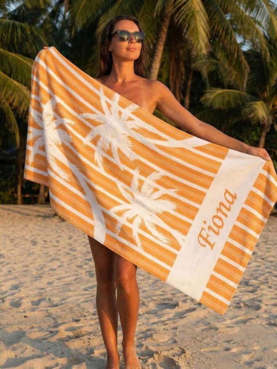 Custom Palm Tree Print Beach Towel With Name, Tropical Summer Design Pool Towel, Summer Vacation Pool Towel, Personalized Pinstripe Beach Towel - Multicolor - View 1