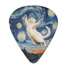 Vintage Starry Night Oil Painting White Cat Print Flat Guitar Picks Full Set 6pcs Durable ABS Material Moderate Thickness Compatible With Acoustic Guitar Electric Bass Artistic Style Beginner Stage Performance Gift - Multicolor - View 7