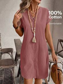 Vestido informal mini de unicolor con botones delanteros y mangas cortas para mujer - Rosa - Ver 1