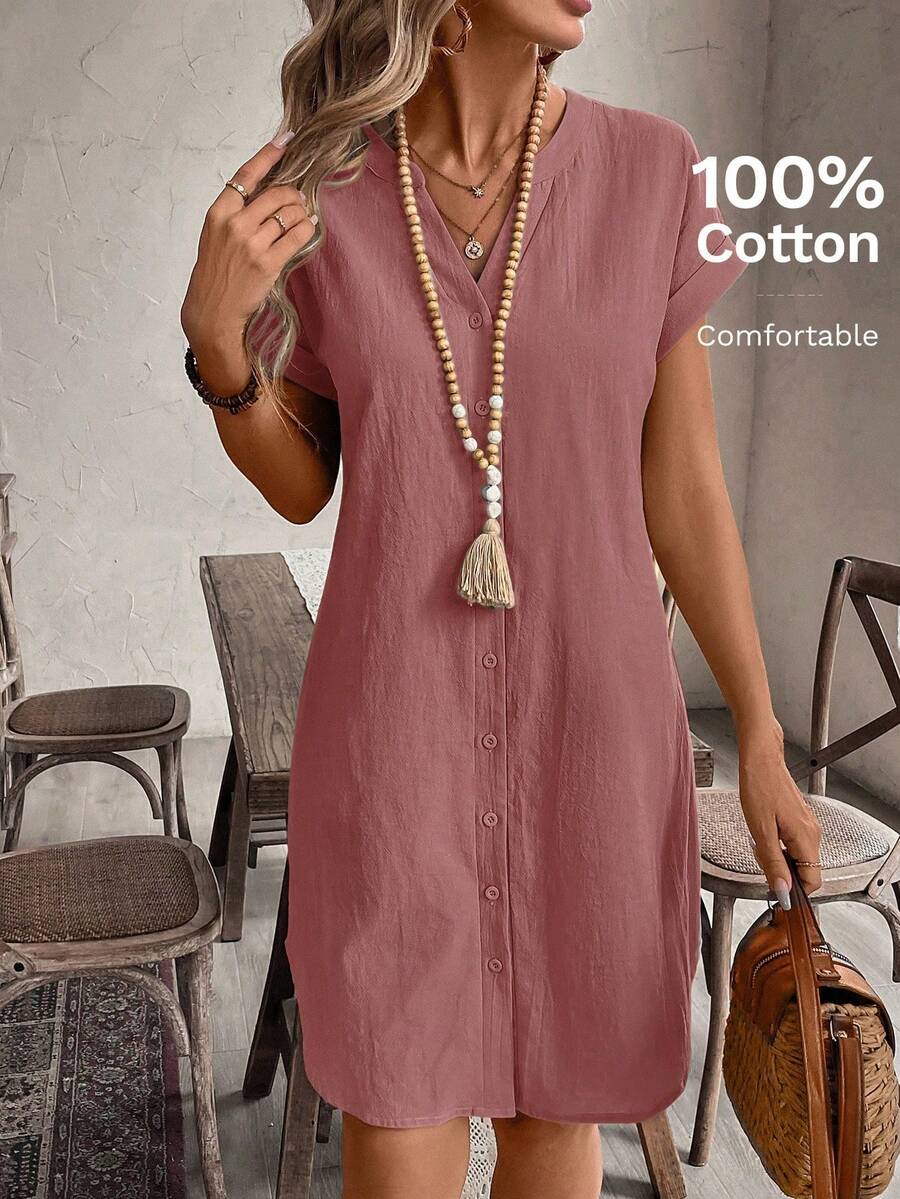 Vestido informal mini de unicolor con botones delanteros y mangas cortas para mujer - Rosa - Ver 1