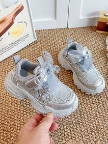 1 Pair Girls' Silver Sequin Mesh Bow Thick Sole Dad Sneakers, Luxury Fairy Princess Style, Suitable For School, Party, Travel And Multiple Occasions - Silver - View 5