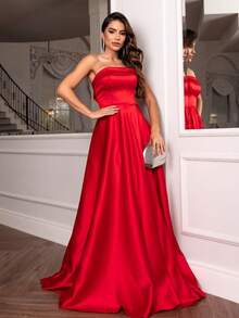 Elegant Strapless Long Party Dress With Built-In Bra Cups And A Full Skirt. - 紅色 - 查看 1