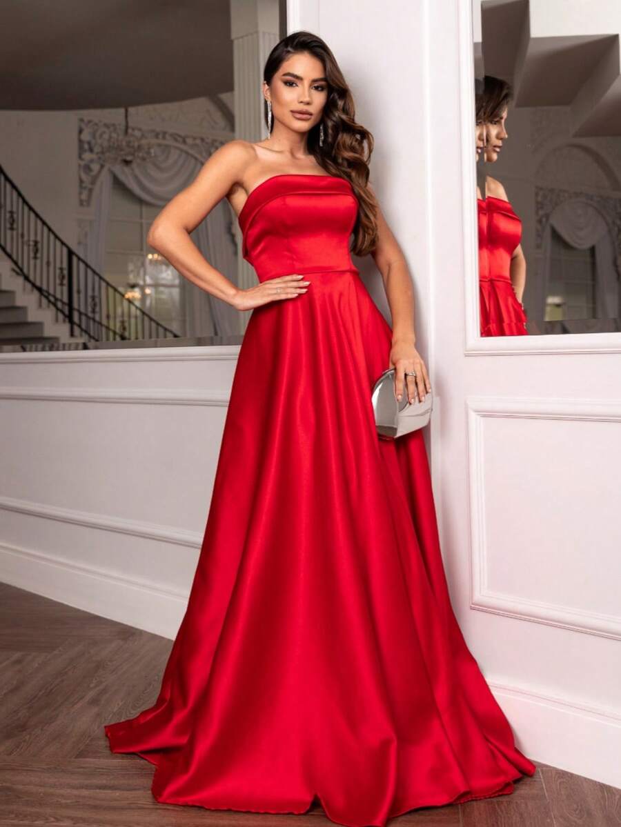 Elegant Strapless Long Party Dress With Built-In Bra Cups And A Full Skirt. - 紅色 - 查看 1