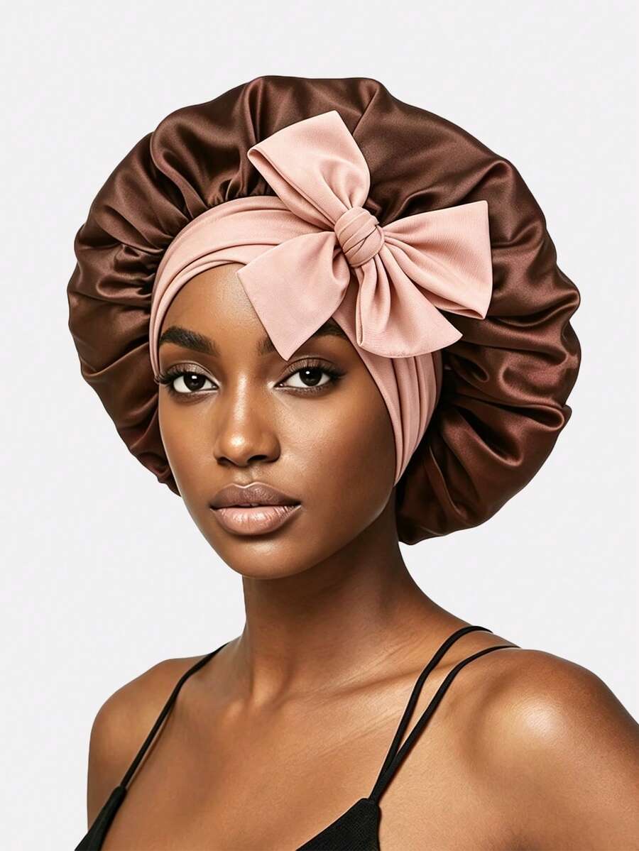 1pc Women's Elastic Satin Sleep Cap With Ribbon, Dual-Color Adjustable Knot Hair Wrap Headscarf For Daily Use - Coffee - View 1