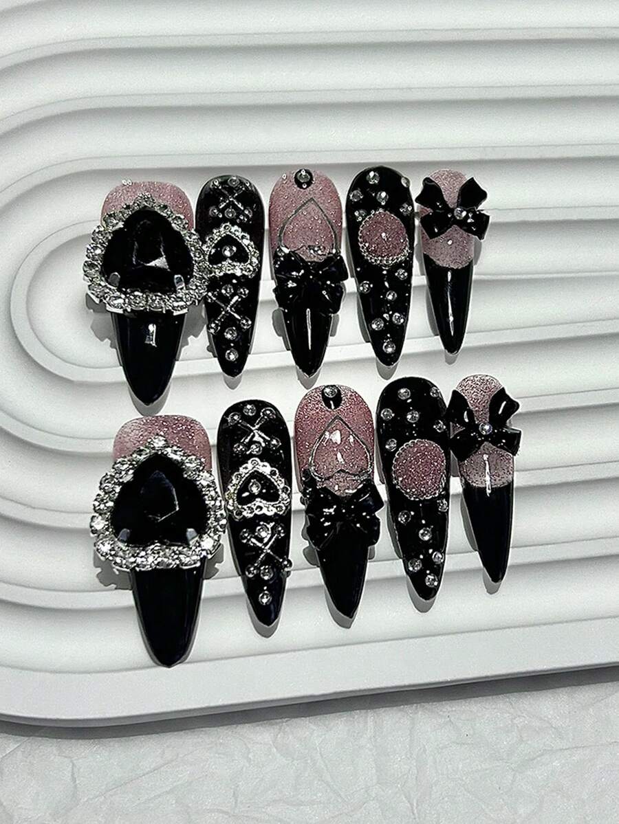 10pcs/Set Cute Kawaii Long Handmade Nail Stickers Y2K Style Popular Girls Fake Nails Bow Bear Heart Diamond Luxury Style Fake Nails (Includes 1pc Jelly Sticker + 1pc Nail File) Handmade Press On Nails - 彩色 - 查看 1