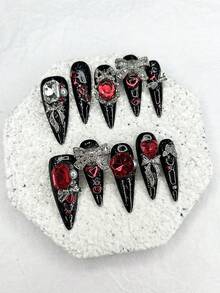 10pcs Baroque Style Dark Gothic Shiny Red Rhinestone Metal Bowknot False Nails, Removable And Reusable Nail Art Supplies (1pc Jelly Sticker + 1pc Nail File) Handmade Press On Nails - 黑色 - 查看 13