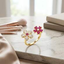 1pc Sweet Luxury Sparkling Cubic Zirconia Red & White Dual Flower Open Ring, Adjustable Finger Ring For Women, Suitable For Daily Wear, Commute, Party, Date, Vacation, Holiday Gift Jewelry - Gold - View 10