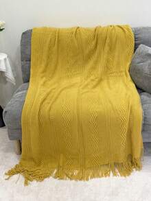 1pc Wavy Pattern Acrylic Knit Throw Blanket, Nordic Style Rectangular Solid Color Sofa Cover Bed Decorative Blanket Nap Blanket With Tassels - Yellow Vertical Three-curve Stripes - View 4