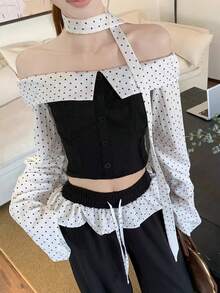 Polka Dot Patchwork Off-Shoulder Button Cropped Shirt (Free Ribbon) Black - Black - View 2