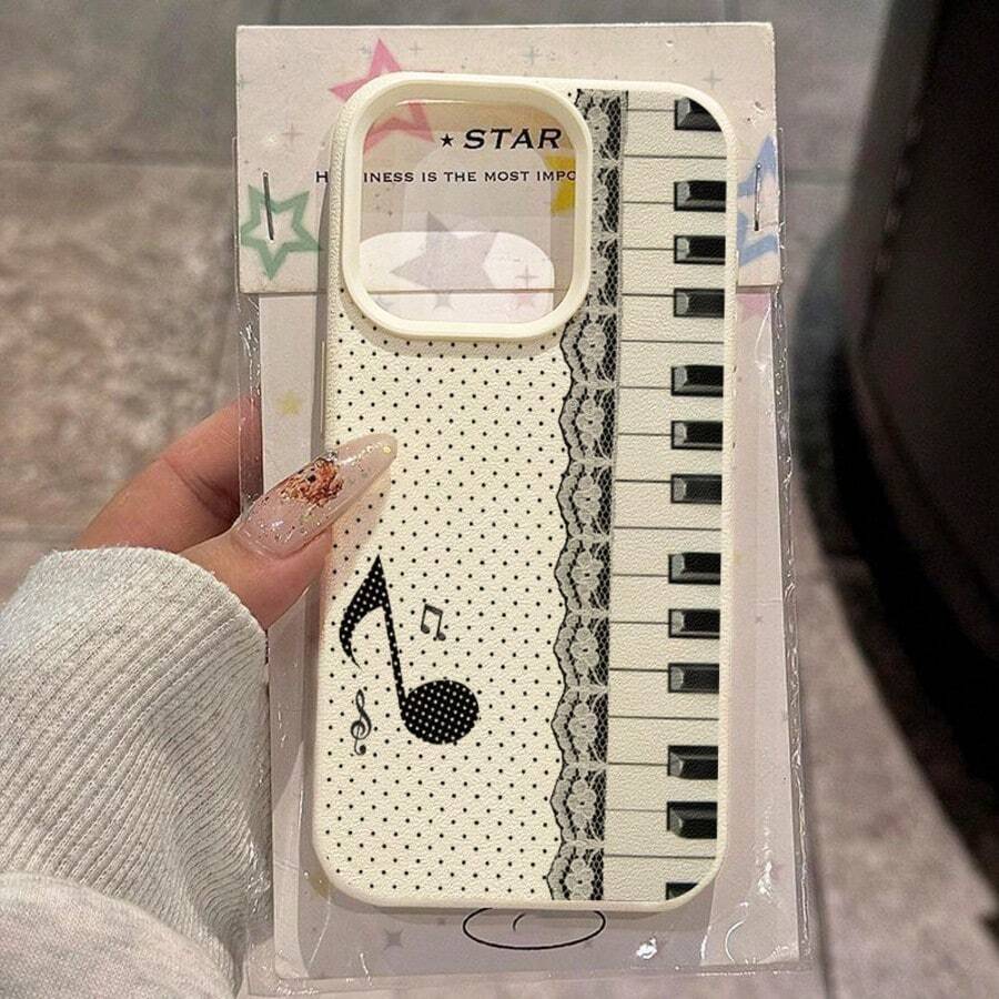Funda de teléfono de TPU con patrón de notas de piano y lunares de encaje compatible con iPhone 17 Pro Max/17/16 Pro Max/15/13/12/11/S20 FE/A15/S24/A55/Note 11/Note 12/Note 13 Pro cobertura completa anti-caídas carcasa blanda protectora - Blanco - Ver 1