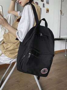 Back To School Season New Solid Color Letter Logo Backpack/Laptop Bag. Large Capacity, Multi-Pocket Compartment Design With Zipper. Handbag, Crossbody Bag, Backpack Style, Suitable For Women, Men, College - Black - View 2
