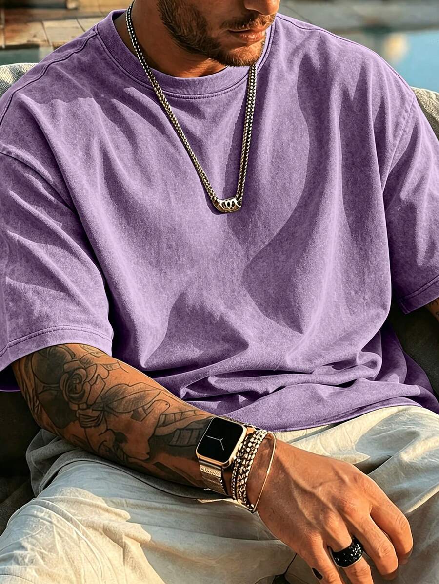 Vintage Washed Pure Cotton Men Crew Neck T Shirt Oversized Comfortable Daily Street Vacation All-Match Casual Basic Tee - 淡紫色 - 查看 1