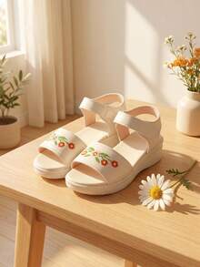 1雙 2026 女款花卉刺繡 PU 厚底平台涼鞋 夏季戶外 - 米色 - 查看 1
