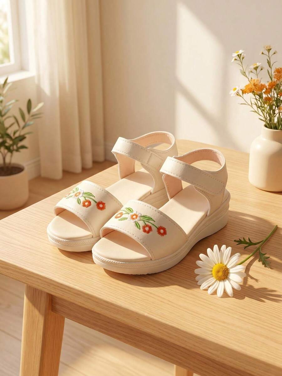 1雙 2026 女款花卉刺繡 PU 厚底平台涼鞋 夏季戶外 - 米色 - 查看 1