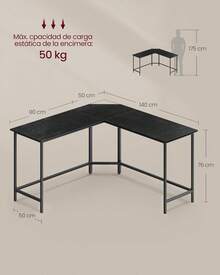 VASAGLE Escritorio en L para Computadora, Mesa de Esquina Escuadra para Oficina, Trabajo, Juegos y Estudio, con Gestión de Cables, MLWD073B56 - Negro Woody + Tinta Negra - Ver 4