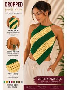Top Lenço Frente Única Tricô Modal Feminino Amarração - Amarelo - Verde - Visão 3
