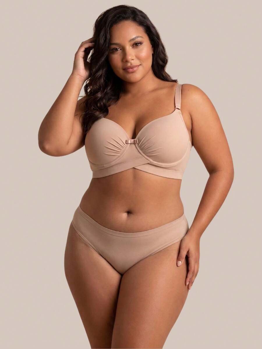Conjunto Lingerie Plus Size Reforçado em Microfibra Sutia Com Bojo e Calcinha Fio Duplo Natalia. - Bege - Visão 1