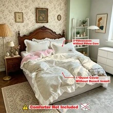 3件組奶油風荷葉邊熊圖案床上用品套裝，聚酯纖維材質，適用1件被套+2個枕套，無內芯個性化床品，柔軟舒適被套，多尺寸滿足不同需求，適合男孩、女孩、成人、青少年、情侶，適用臥室、客房、特大床，送給朋友與家人的完美禮物 - YE051301+M - 查看 2