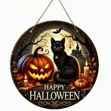 2D Flat Vintage Black Cat Round Wooden Hanging Sign, Waterproof & Durable, Happy Halloween Text With Pumpkin & Bat, Halloween Party Scene Decor For Door, Window, Porch & Home - Black - View 6