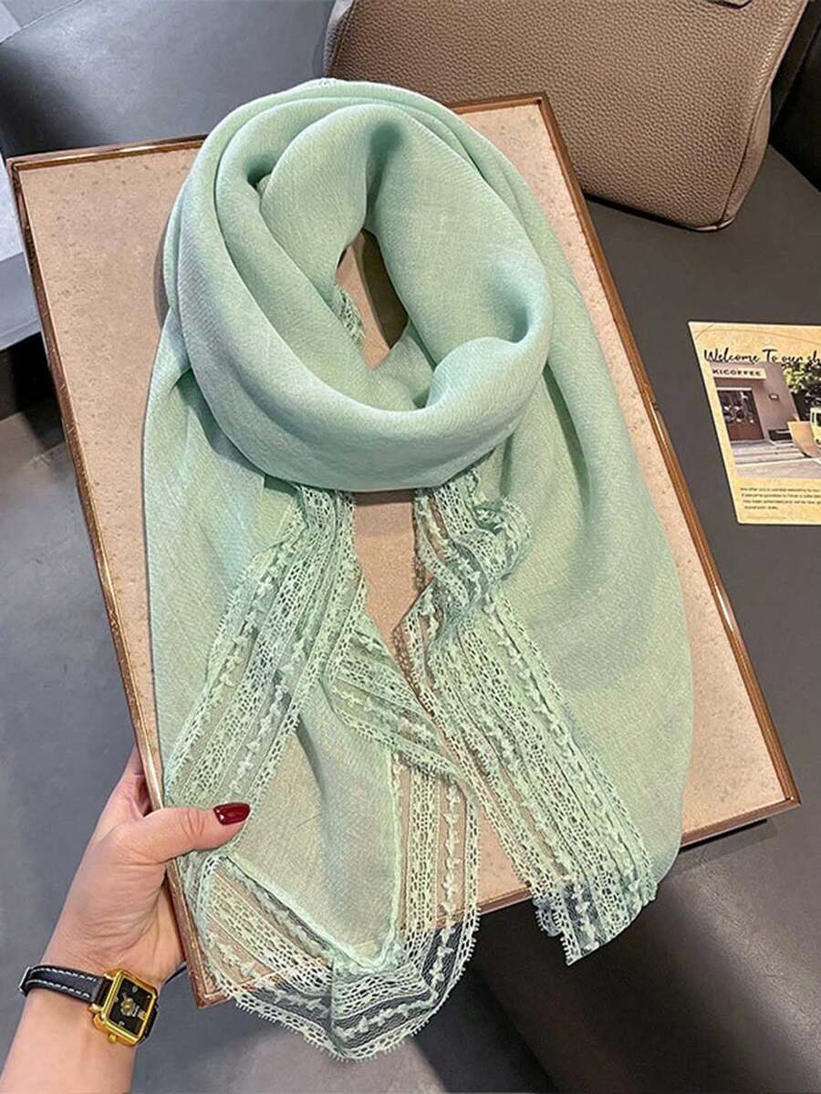 1pc Women's Elegant Solid Color Square Lace Trim Scarf, Can Be Used As Headscarf, Shawl, Hairband And Hair Accessory, Suitable For Mosque Occasions, Can Be Worn In Summer, A Fashionable Accessory To Create A Stylish Casual Look - Mint Green - View 1
