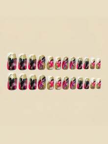 24Pcs Minimalist European American Coffin Press On Nails, Sweet Cool Gold Powder Quicksand Blended Gradient Design, Easy To Apply, Long Lasting, No Damage To Natural Nails, Reusable Fake Nails - Multicolor - View 4
