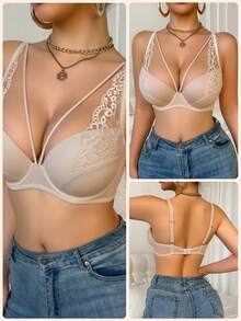 Casual Comfortable Minimalist Nude Backless Women's Bra, Seamless Deep V Sexy Knit Women's Lingerie, French Lace Underwire Casual Versatile Anti-Sagging Bra - Apricot - View 6