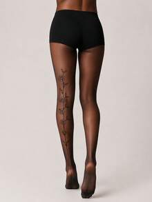 Women's Black Semi-Sheer Pantyhose, Rose Vine Line Design On Back, Soft Elastic Tights, Suitable For Matching With Dresses And Fashionable Outfits - Black - View 2