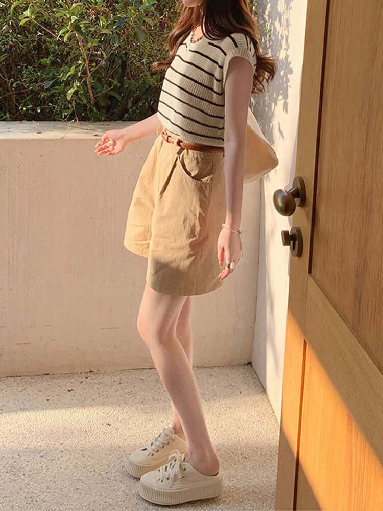 Women's Knitted Striped Camisole, Sleeveless Layering Top, Summer - Apricot - View 2