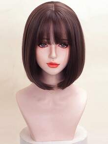 12 Inch Short Bob Wig With Bangs, Synthetic Wig For Women, Black And Brown, Suitable For Cosplay, Party, Natural Hair - Brown - View 3