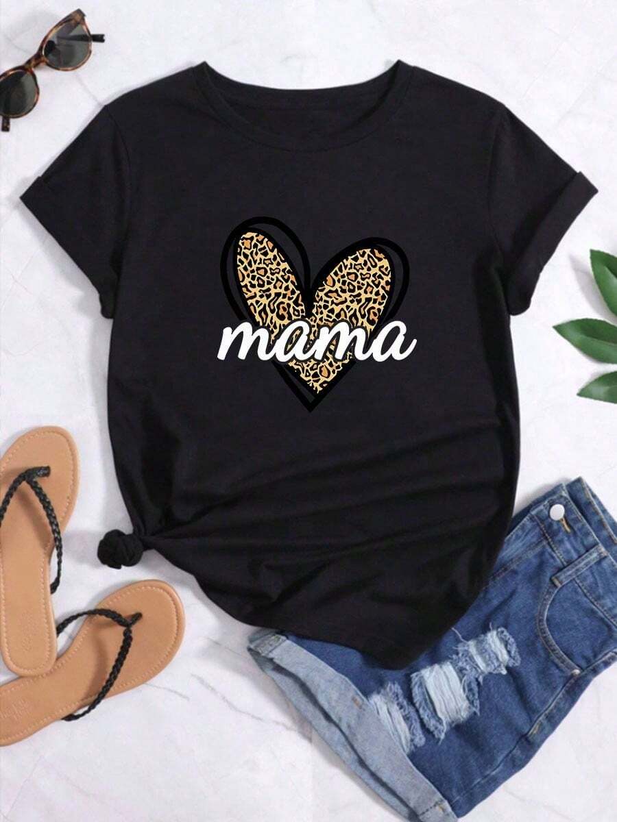 NewSummerCasual Women's Loose Casual Crew Neck T-Shirt With Mom And Heart Graphic Print - Vintage Street Style Unisex Loose Cotton Short Sleeve Crew Neck T-Shirt - 黑色 - 查看 1