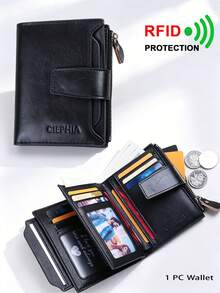 Dompet Pria Kulit Asli Klasik, Pemblokiran RFID, 12 Slot Kartu, 2 Kompartemen Uang Kertas, 1 Kantong Koin dengan Resleting, 2 Slot Kartu SIM - Hitam - View 8