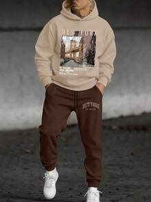 Youth Boy Letter Print Warm Hoodie And Pants Set - Apricot - View 1