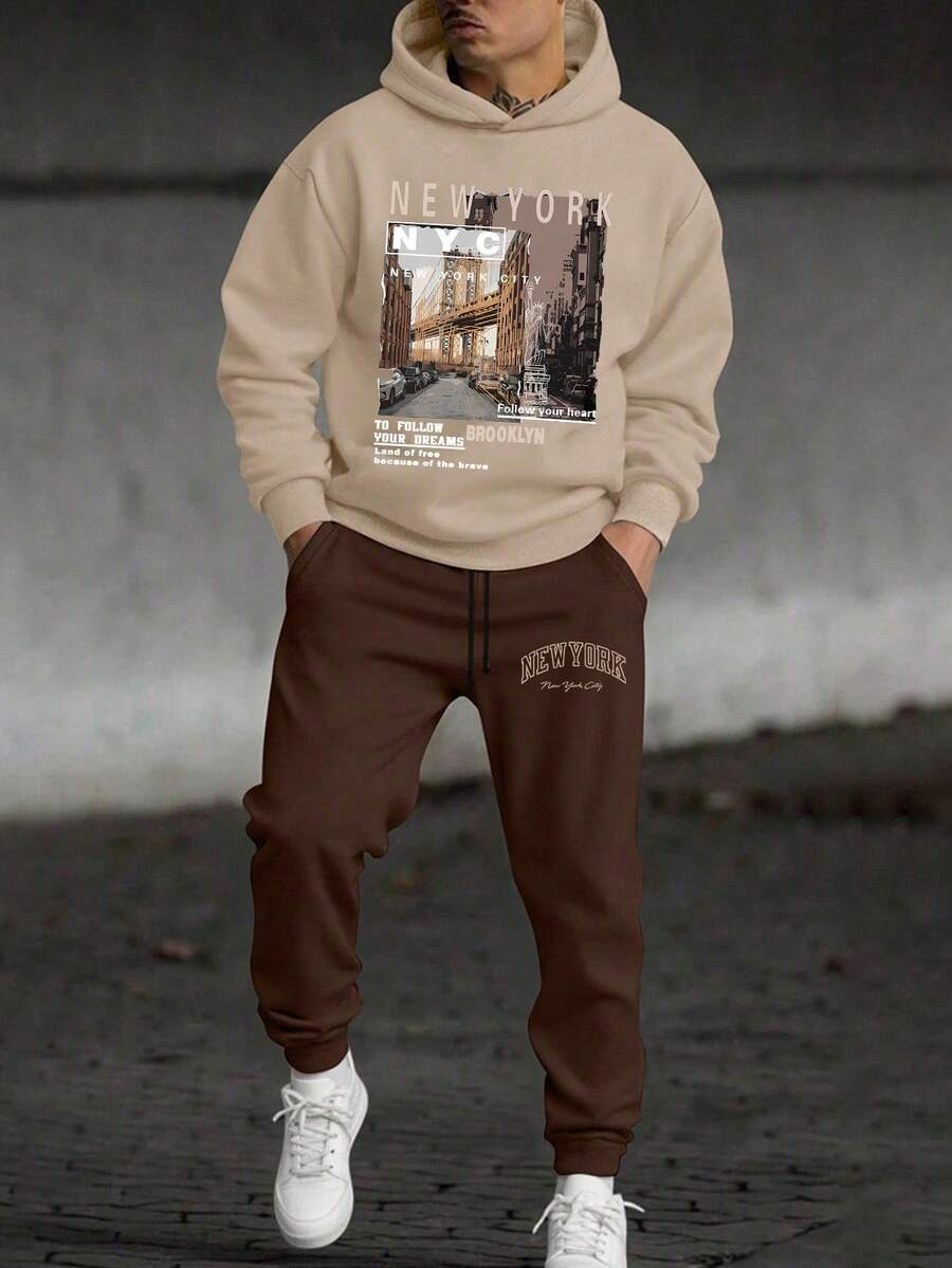 Youth Boy Letter Print Warm Hoodie And Pants Set - Apricot - View 1