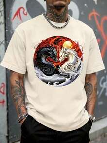 Men's Loose Fit T-Shirt, Realistic Illustration In Oriental Art Style In Yin Yang Circle, A Black Dragon With Red Flames And Golden Sun. - 杏色 - 查看 6
