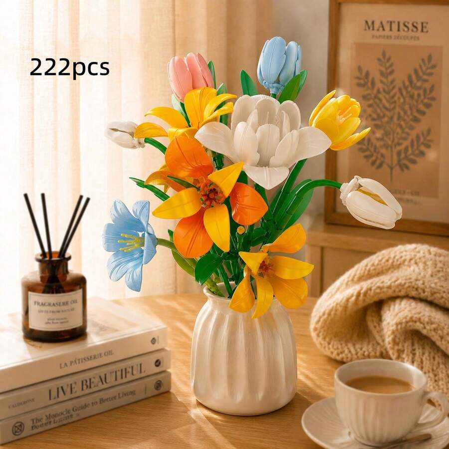 222pcs Macaron Tulip Mixed Flower Building Block Bouquet Set, Creative Tulip Bouquet Assembly Model, Colorful Everlasting Flower Assembly, Artificial Plant Model, Living Room/Bedroom Atmosphere Decor, Home/Office Decor, Mother's Day Gift, Birthday Gift, Christmas Gift