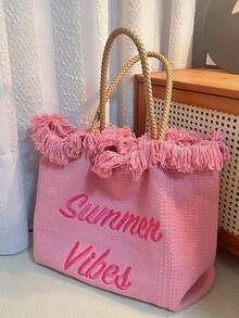 Bolso de lona con borlas con capacidad y diseño de letra, bolso de hombro minimalista para ir de compras y transporte - Rosa - Ver 3