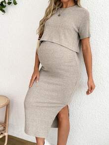 Set de 2 piezas con blusa de manga corta y falda de unicolor para maternidad, conjunto casual de verano - Blanco - Ver 6